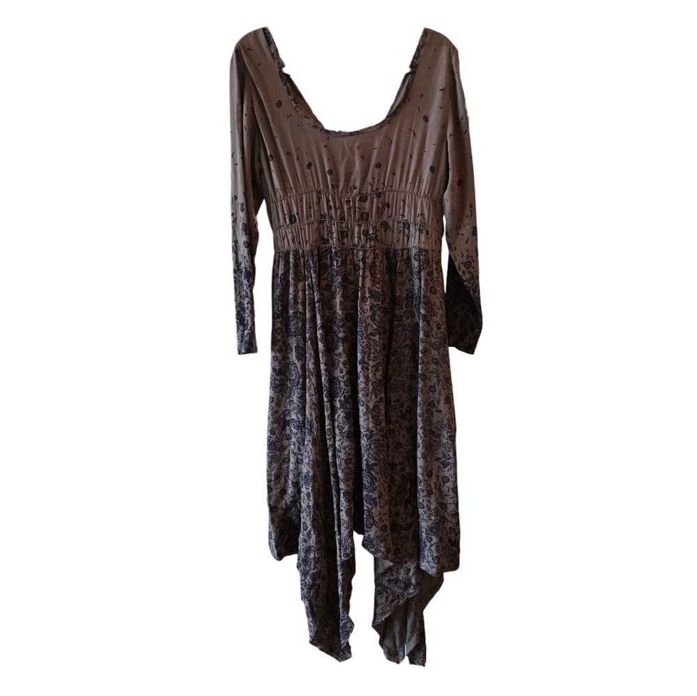 💜 Free People Brown and Black Long Sleeve Dress Fall Boho Floral - Picture 4 of 10